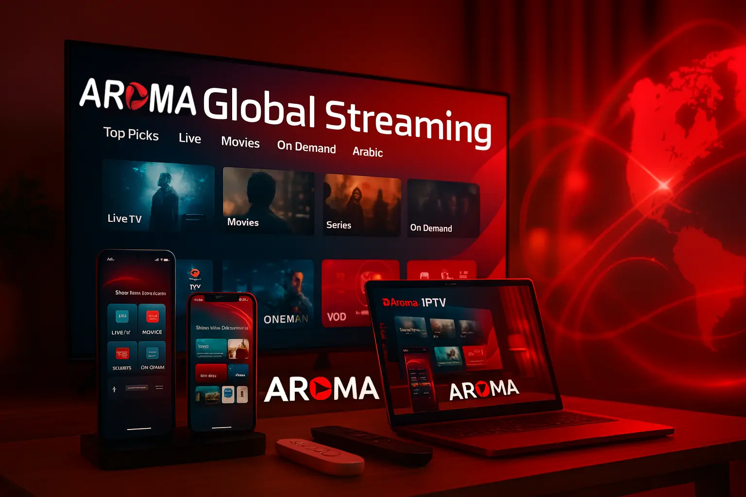 Aroma IPTV and Aroma TV brand preview on a living-room screen